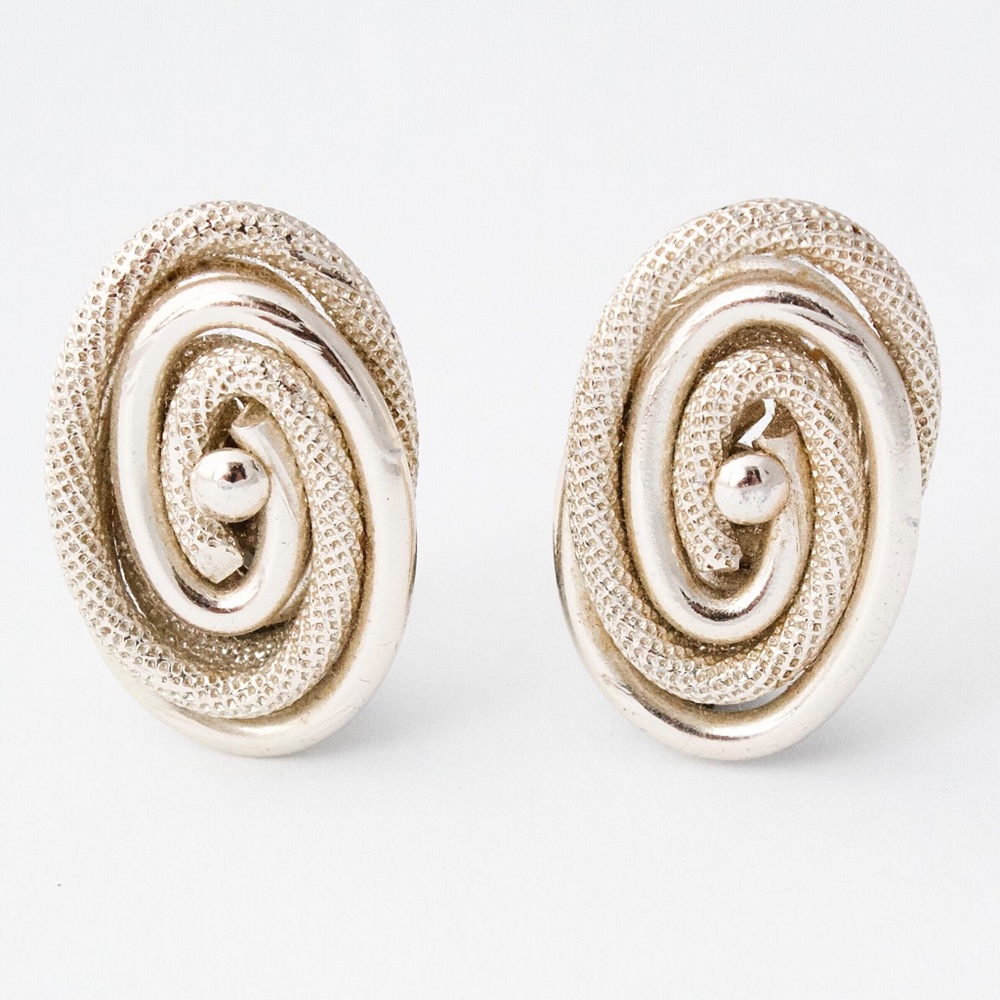 Vintage West Germany Clip On Earrings Silver Tone Oval Spiral Swirl
